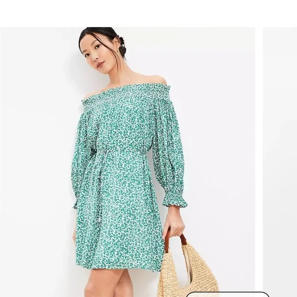 LOFT Green Floral Off-Shoulder Long Sleeve Dress